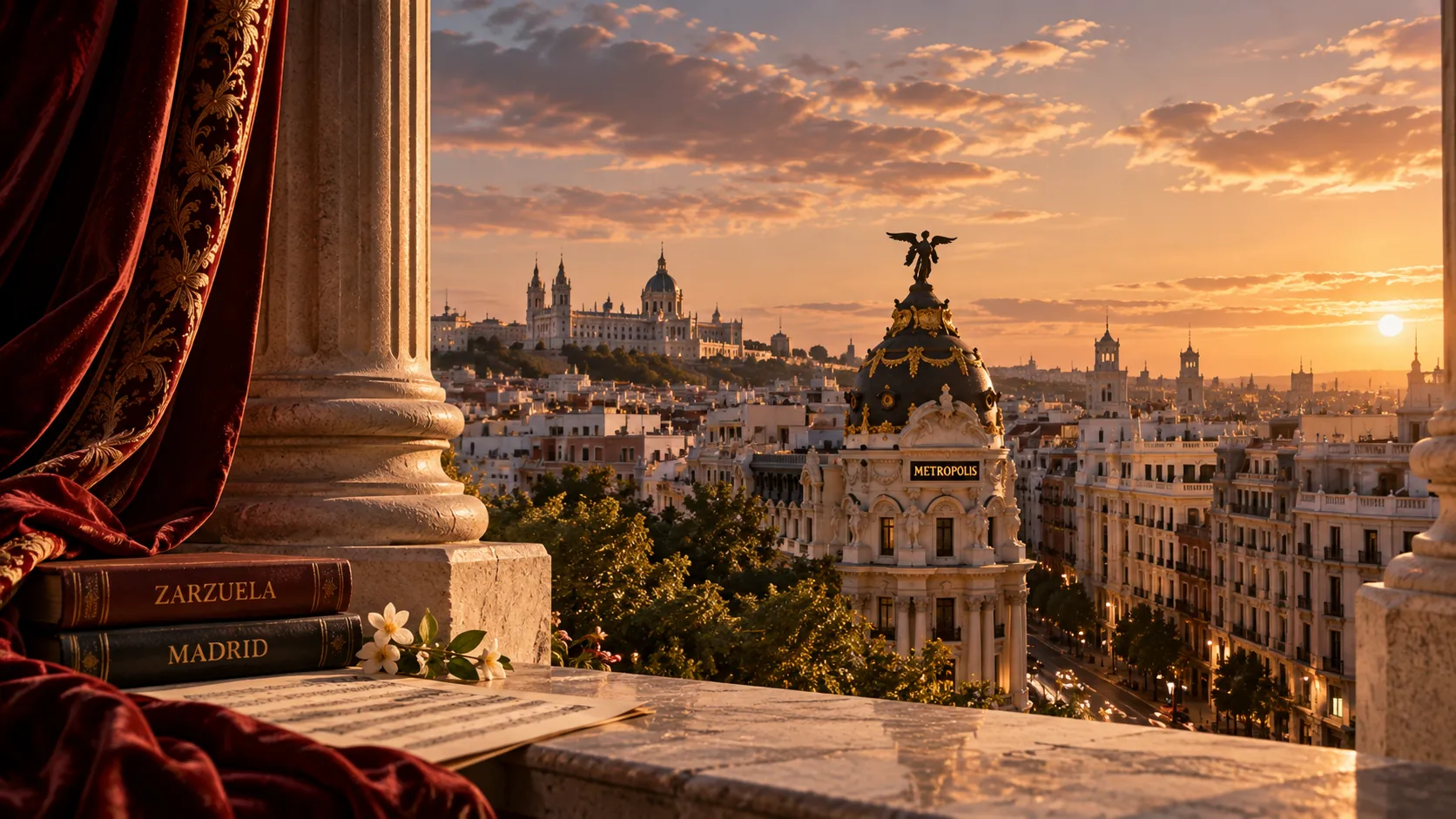 Vista de Madrid al atardecer desde un balcón teatral